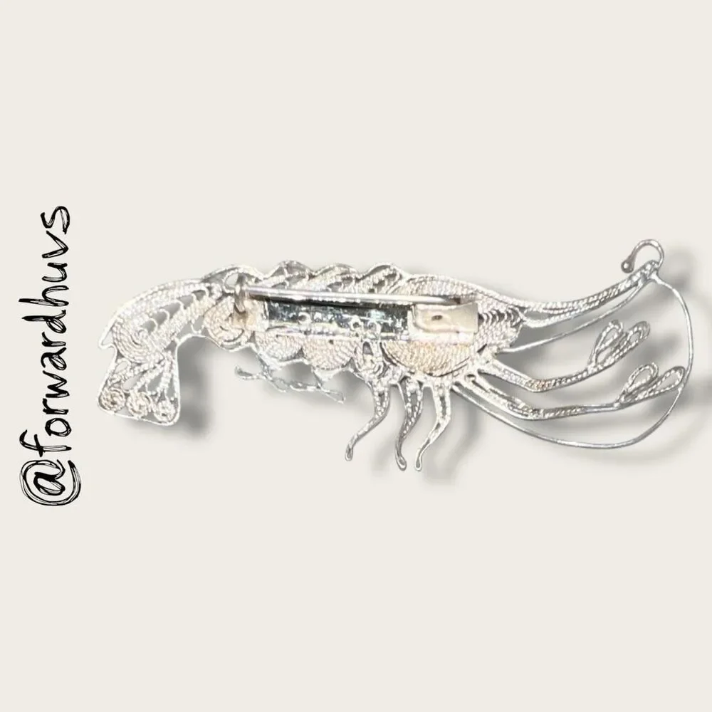 Antique 900 Silver Filigree Shrimp Brooch – Handcrafted – C-Clasp